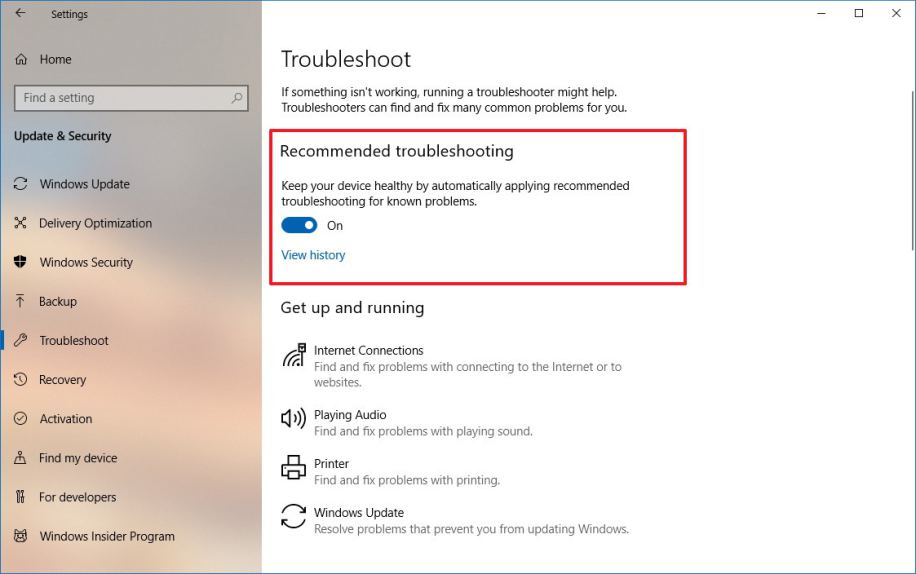 Windows 10 Önerilen Sorun Giderme