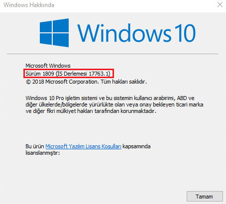 Windows 10 1809 Sürümünün Yüklü Olup Olmadığını Kontrol Etmek