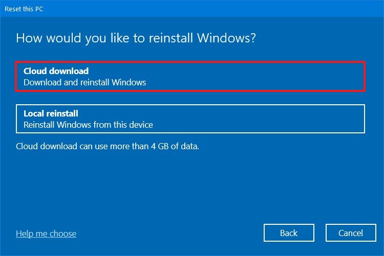 Windows 10 Bu Bilgisayarı Sıfırla için Cloud Download Seçeneğini Kullanmak