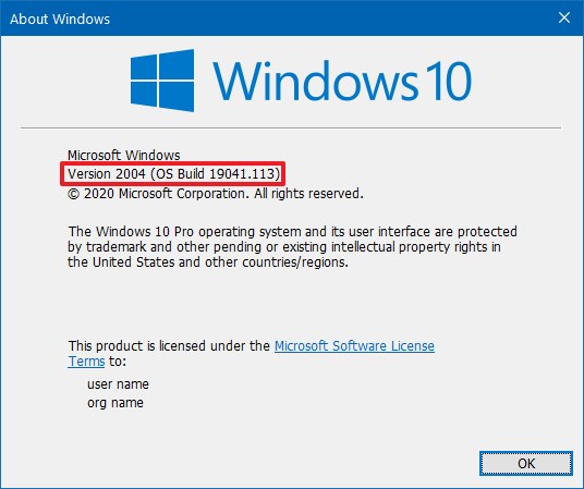 Windows 10 2004 sürüm numarası
