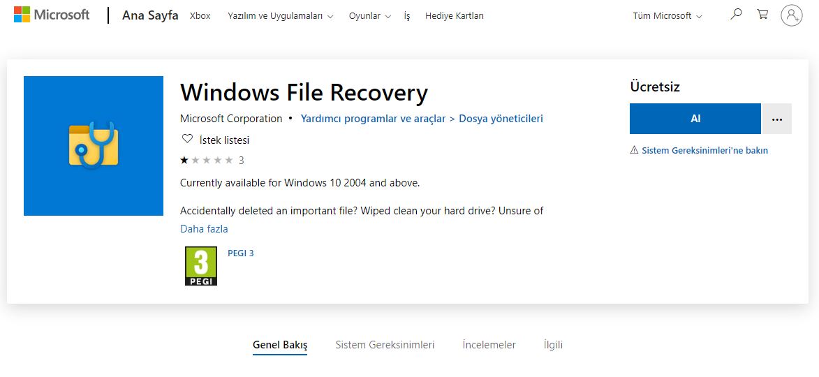 Windows File Recovery Yükleme